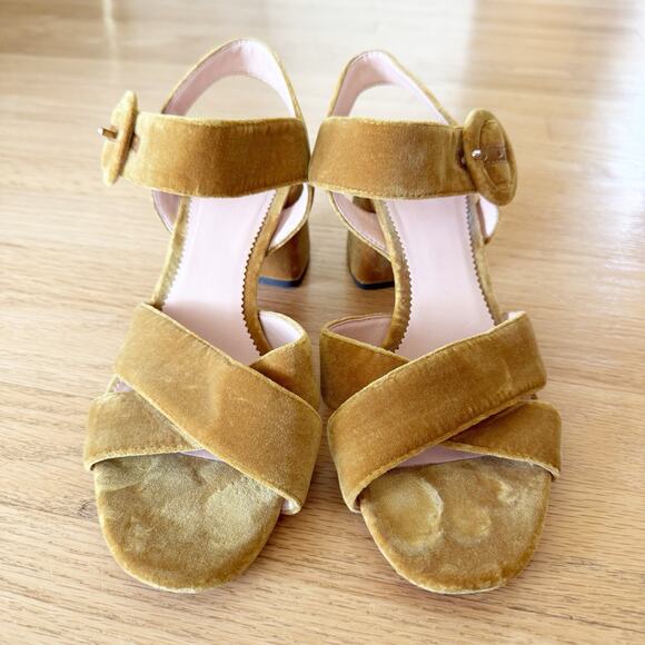 J CREW CLEARANCE VELVET PENNY SANDALS Size 7.5 Yellow Gold Cross Strap - Picture 3 of 6